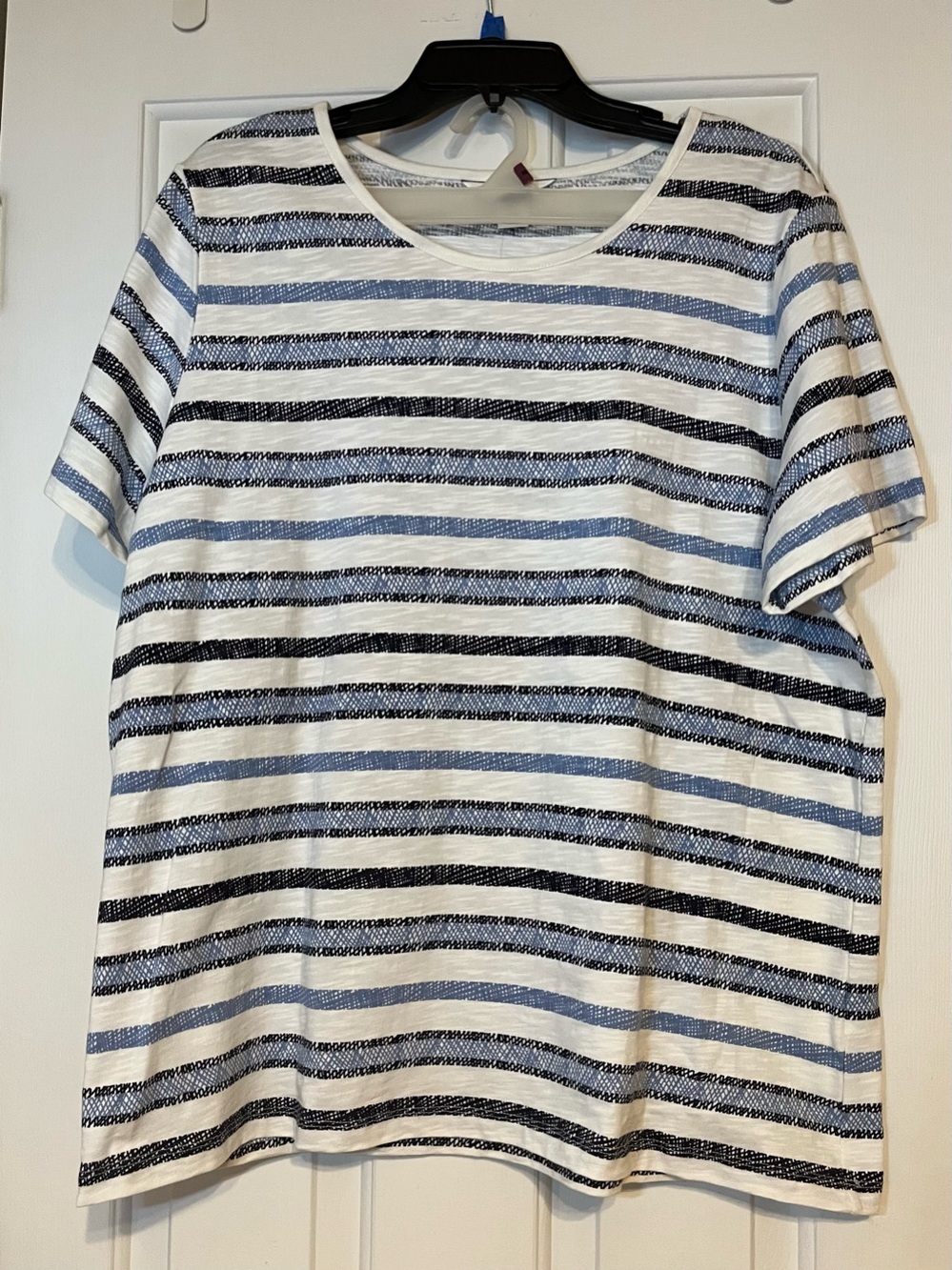 CJ Banks Striped Short-Sleeve Women’s Tee - White with Blue & Black Stripes
